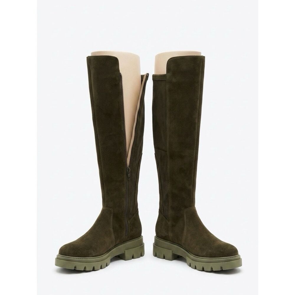 Olive Green Suede Stretch Over-the-Knee Fifth Waterproof Boots Size 37